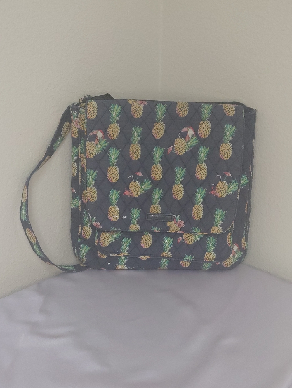 Vera Bradley Quilted Crossbody Bag - Black with Yellow & Green Pineapple